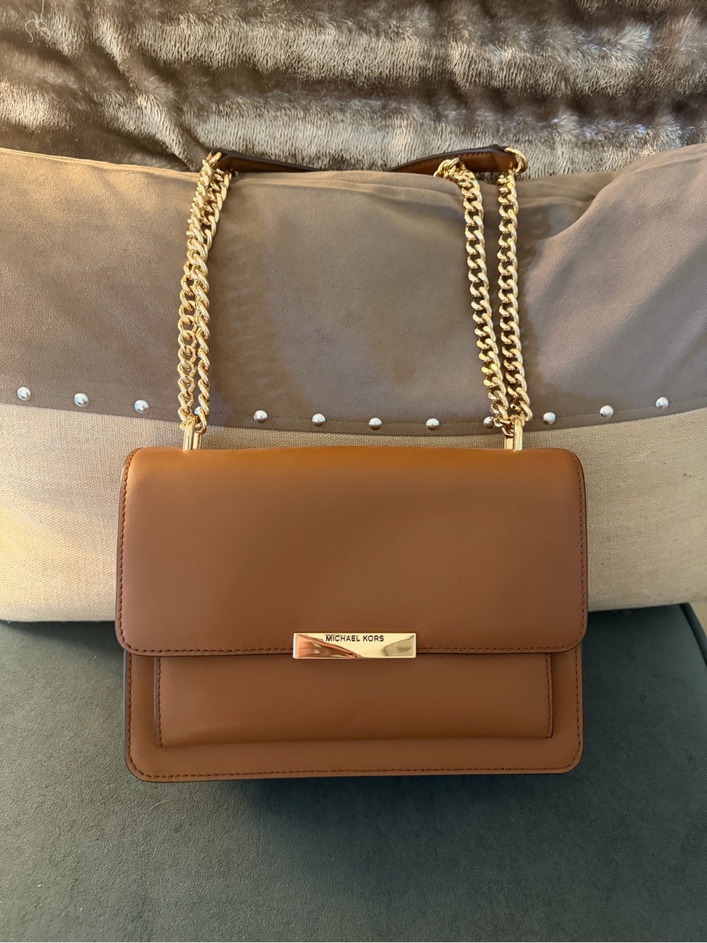 Michael Kors Chestnut Leather Crossbody with Gold Chain - Picture 2 of 5